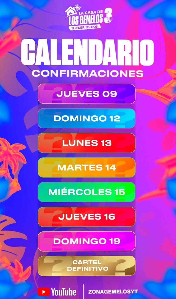informac10n's tweet photo. 🔥| ¡CALENDARIO DE CONFIRMACIONES!

¡Apunta en tu agenda estos días porque esos días conoceremos a los concursantes de #LaCasaDeLosGemelos3! ☀️ https://t.co/nXWt05zvnV