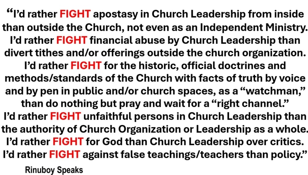 Rinuboy's tweet photo. Rinuboy Speaks 
“I’d rather FIGHT apostasy in Church Leadership from inside than outside the Church, not even as an Independent Ministry.
I’d rather FIGHT financial abuse by Church Leadership than divert tithes and/or offerings outside the church organization.
I’d rather FIGHT" https://t.co/0qNfujXzo5