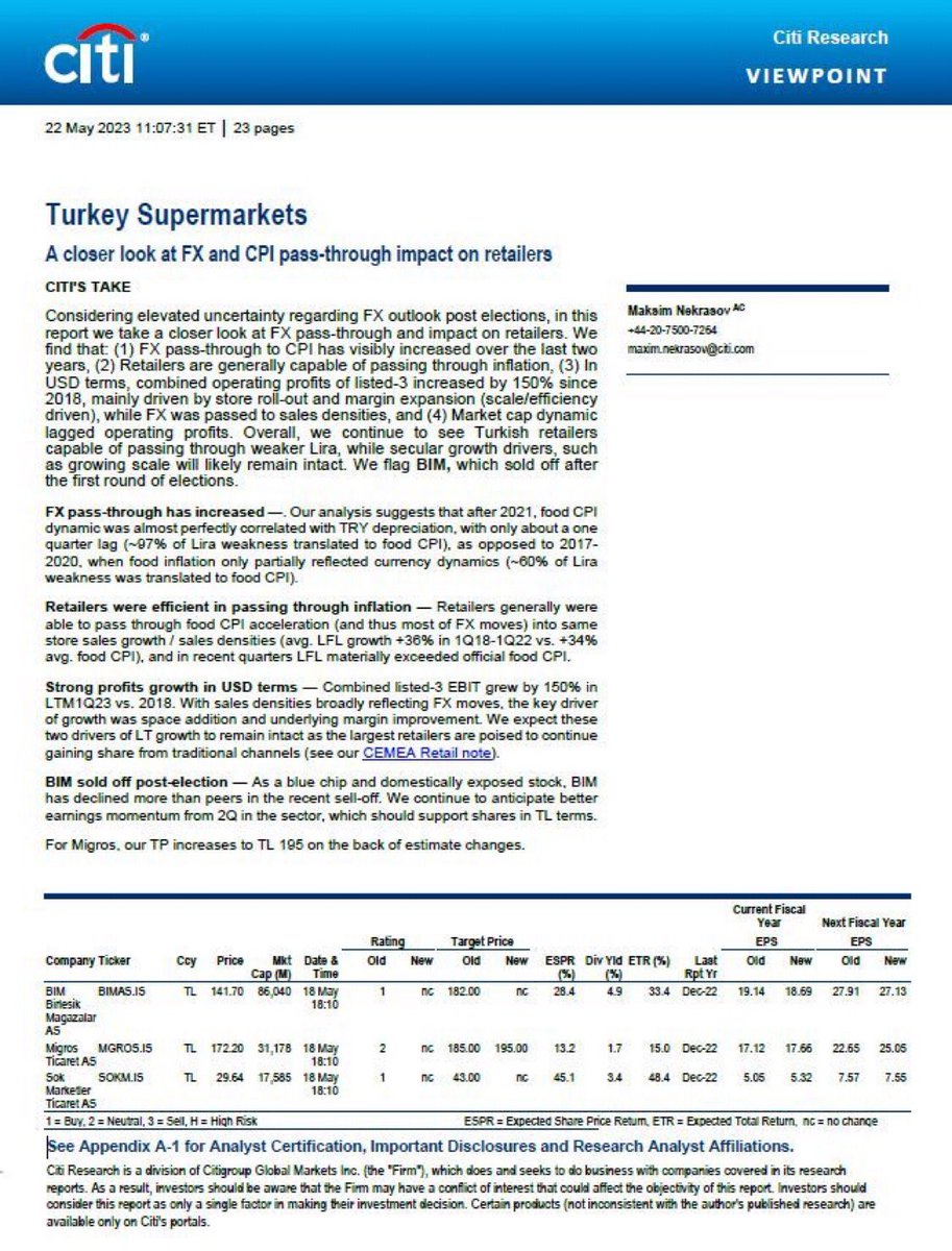 UGRAYDN_'s tweet photo. ♦️TARİH:2023 ve .👇

♦️Citibank'ın "Türk süpermarket şirketleri" raporu. Özet: "Ürünlerdeki fiyat artışlarını direkt tüketiciye yansıtıyorlar, enflasyondan etkilenmiyorlar. 

♦️Faaliyet kârları 2018'den bu yana dolar bazında %150 arttı."

♦️Şimdi anladınızmı zincir marketler vatandaşa nasıl  zincirlemişler..?!