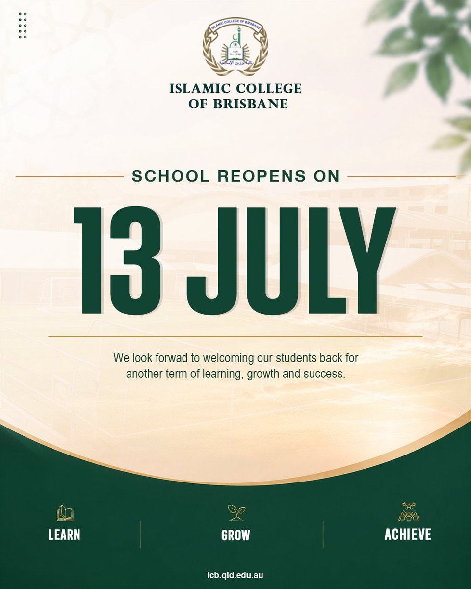 IcbBrisbane's tweet photo. Halfway through the holidays already! 🌿✨
We hope our ICB families are enjoying a restful and refreshing break.
School reopens on Monday, 13 July.
Enjoy the rest of the holidays — see you soon!
#IslamicCollegeOfBrisbane #ICB #BackToSchool #Term3 #LearnGrowAchieve https://t.co/61zhUIKHkT