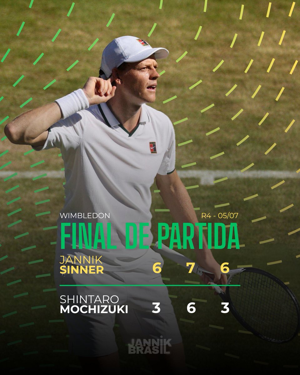 jannikbrasil's tweet photo. #Wimbledon | MATCH SINNER!! 🤍🦊

Jannik Sinner derrota Shintaro Mochizuki 6-3 7-6 6-3 e e está nas quartas de final Wimbledon! 🌱

O próximo adversário será Jan-Lennard Struff 🇩🇪. FORZA JANNIK 💪 https://t.co/z4puCabdTx