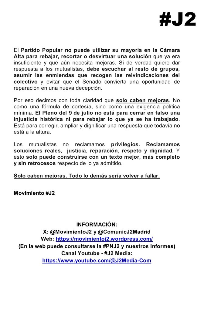 MovimientoJ2's tweet photo. COMUNICADO DEL MOVIMIENTO #J2 ANTE EL PLENO DEL 9 DE JULIO EN EL SENADO SOBRE LA PASARELA AL RETA PARA MUTUALISTAS. 
El texto actual en tramitación en el Senado regula una #PasarelaInsuficiente: 
SOLO CABEN MEJORAS!!!! 
#SomosLosJ2 https://t.co/MAhlRAT0bl