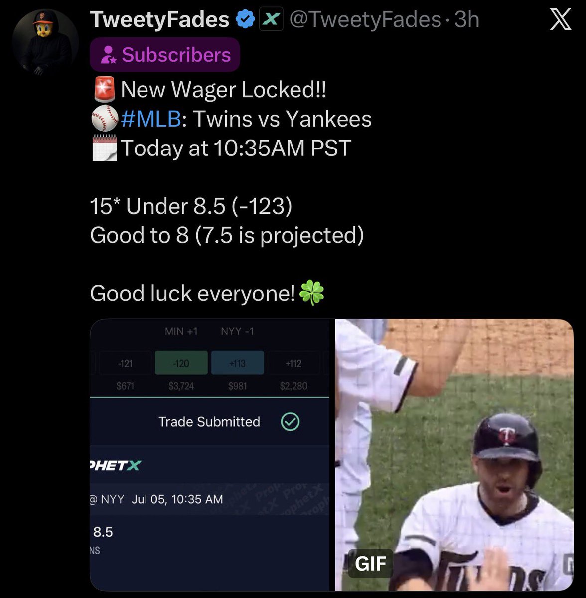 TweetyFades's tweet photo. 🚨Two Winners in the Bag!

15* New York Mets +106✅
15* MIN/NYY Under 8.5✅

Need this 40* badly to hit now!🍀