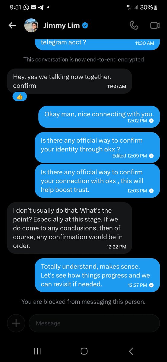 adelambo_'s tweet photo. Another impersonator and scammer, claiming to be working with @OKX_Ventures , his telegram name is Jimmy lim, and x name is @Like_a_Jimmy , stay safe. https://t.co/G7OshCAnnr