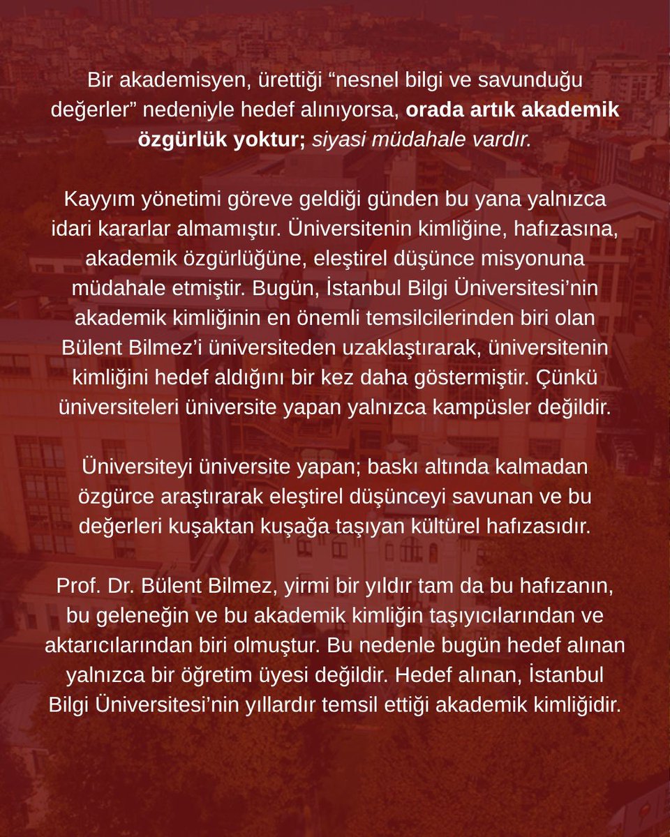 dayanisma_bilgi's tweet photo. Bülent Hocamıza yönelik alınmış bu kararı asla kabul etmiyoruz. Üniversitelerde akademik özgürlüğü savunuyoruz ve sonuna kadar hocamızın yanındayız.

İstanbul Bilgi Üniversitesi Öğrenci Kulüpleri https://t.co/fXihcq0SFy