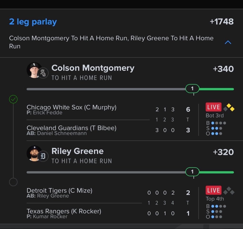 para537's tweet photo. Wow 🤯 colson and Riley was literally the best pairing today 
Let’s fuccin goo🔥💪 #MLB #HomeRun #MLBPicks #SportsBetting #Baseball #Parlay #BettingX #MLBTwitter #GamblingTwitter @playbook https://t.co/KoYfqQYdb0