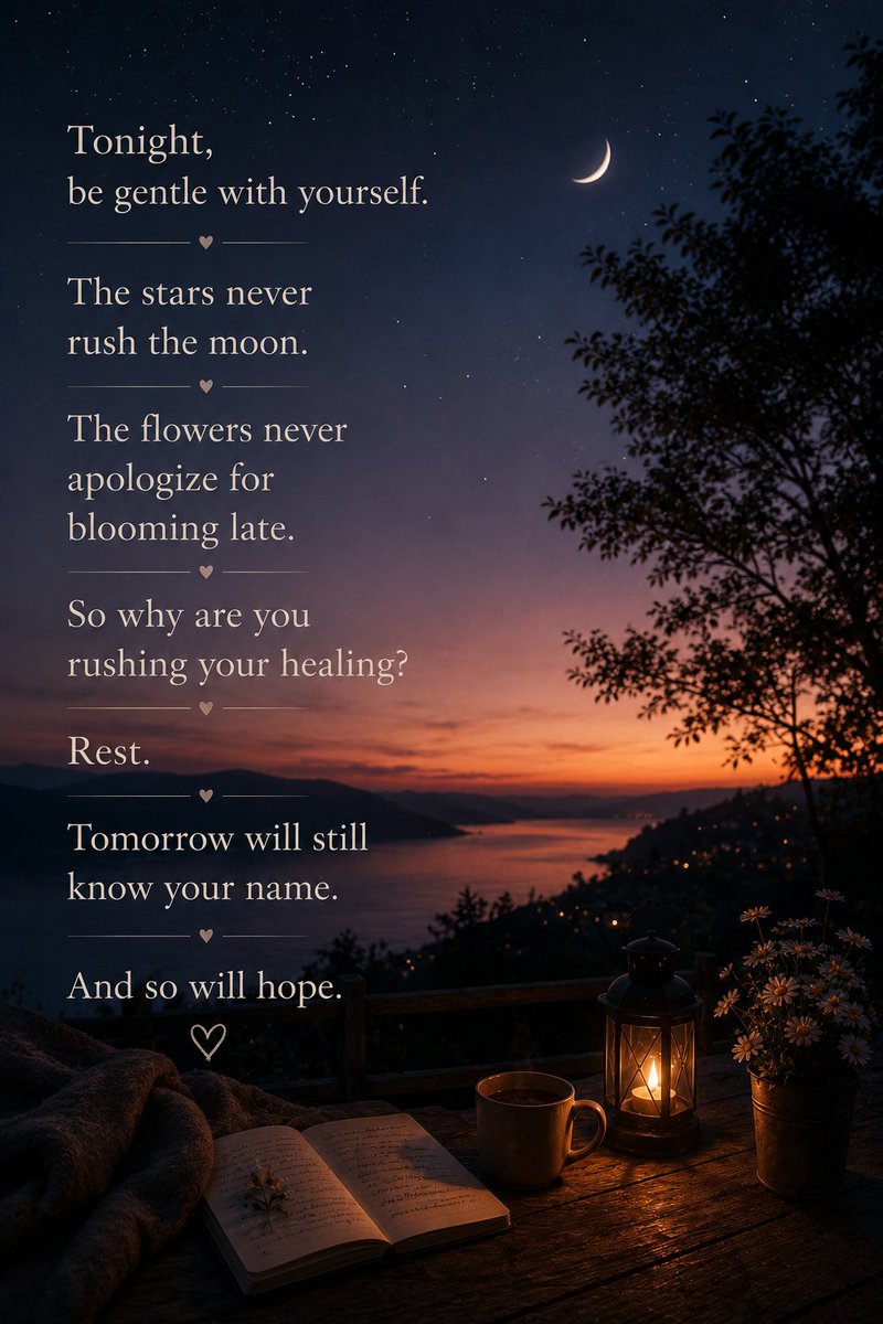 nmt_blackboy's tweet photo. Poem: Gentle 

Tonight, be gentle with yourself.

The stars never rush the moon.

The flowers never apologize for blooming late.

So why are you rushing your healing?

Rest.

Tomorrow will still know your name.

And so will hope. https://t.co/IvRuaburtf