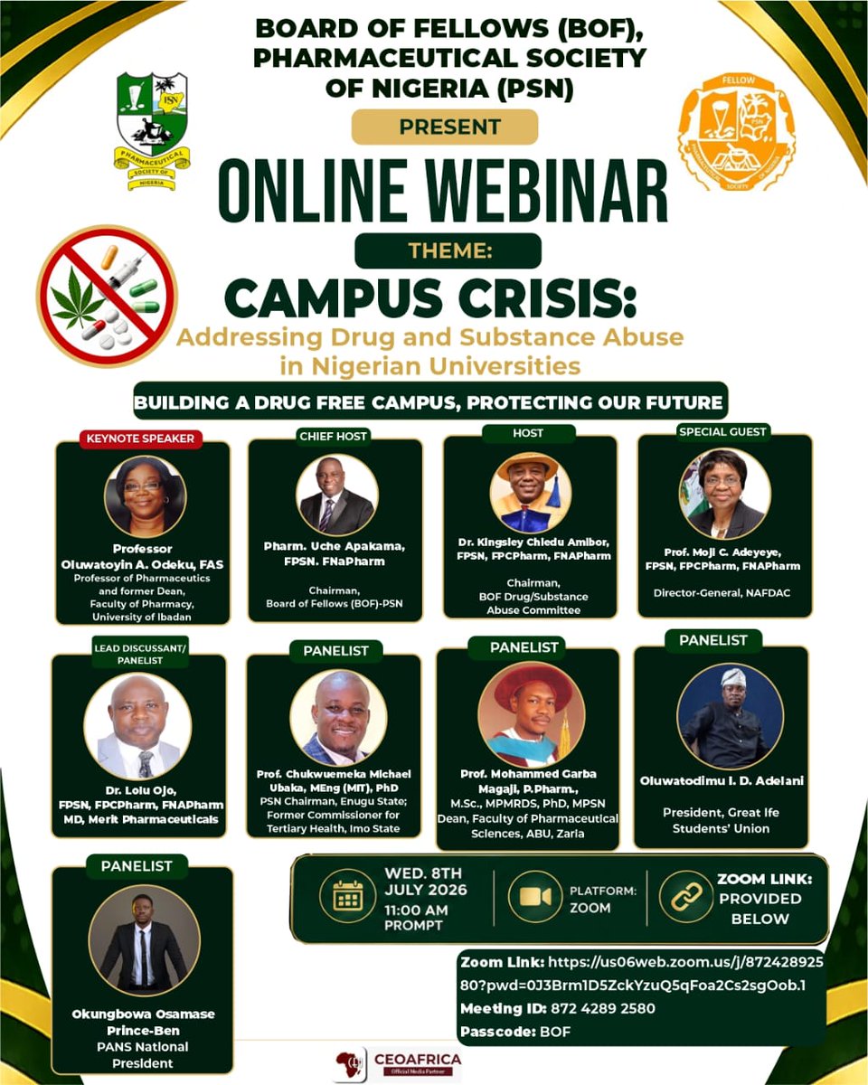 AmiborChied's tweet photo. Board of Fellows PSN Webinar on Drug Abuse in Nigerian Universities 8th July, 2027 https://t.co/pJ7CxM95P3