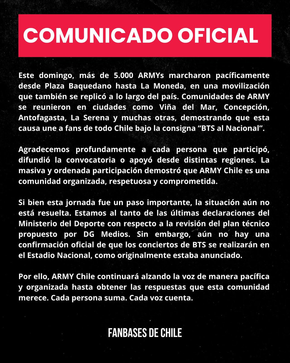 armychilensis's tweet photo. Aún no hay confirmación oficial sobre los conciertos en el Estadio Nacional. Seguiremos organizados y en pie hasta obtener respuestas. Cada voz cuenta.

#BTSALNACIONAL #BTSENCHILE #BTSCHILE #QUEREMOSABTSENELNACIONAL https://t.co/nz1j1VIgf2