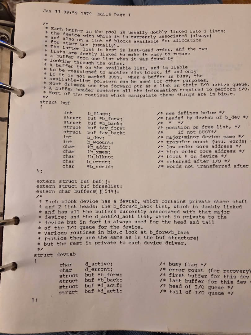 0x0SojalSec's tweet photo. Greatest treasure: Original 1979 Unix kernel source code. 🫡

C language component, the legendary struct user handwritten notes and all, a Member of the Administrative Group at Bell Labs Piscataway. keeping this gold

And it crying me 😭
Simple, elegant C that powered the future. 

powerful code needs no bloat. 
The foundation of modern OSes right here.