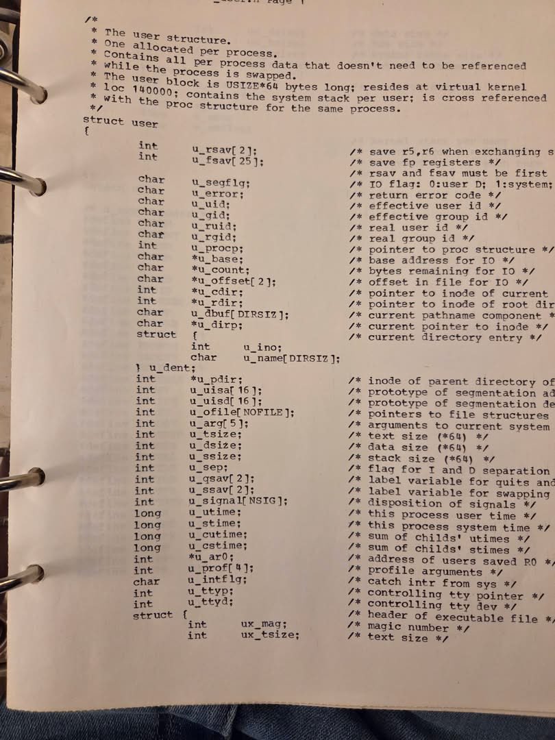 0x0SojalSec's tweet photo. Greatest treasure: Original 1979 Unix kernel source code. 🫡

C language component, the legendary struct user handwritten notes and all, a Member of the Administrative Group at Bell Labs Piscataway. keeping this gold

And it crying me 😭
Simple, elegant C that powered the future. 

powerful code needs no bloat. 
The foundation of modern OSes right here.