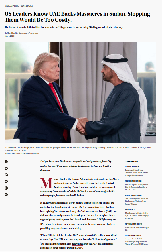 M8SVIP's tweet photo. القادة الأمريكيون يعلمون أن الإمارات تدعم المجازر في السودان.

يبدو أن الاستثمار الموعود من الإمارات بقيمة 1.4 تريليون دولار في الولايات المتحدة يدفع واشنطن لتجاهل الأمر.

تحاصر مليشيا الدعم السريع المدعومة إماراتياً مدينة الابيض، السودان، والتي تستهدف البنية التحتية هناك بغارات الدرون مما يفاقم الأزمة الإنسانية.

تضم مدينة الابيض نحو 600 ألف نسمة بينهم 105 آلاف نازح، وتعاني من نقص حاد في المياه والوقود والكهرباء نتيجة الضربات التي أدت إلى تدمير محطات وأسواق منذ مايو 2026.

في حين تبقى الحكومة السودانية بقيادة البرهان هي الحاجز الوحيد لمنع تكرار مذابح الفاشر في العبيد.