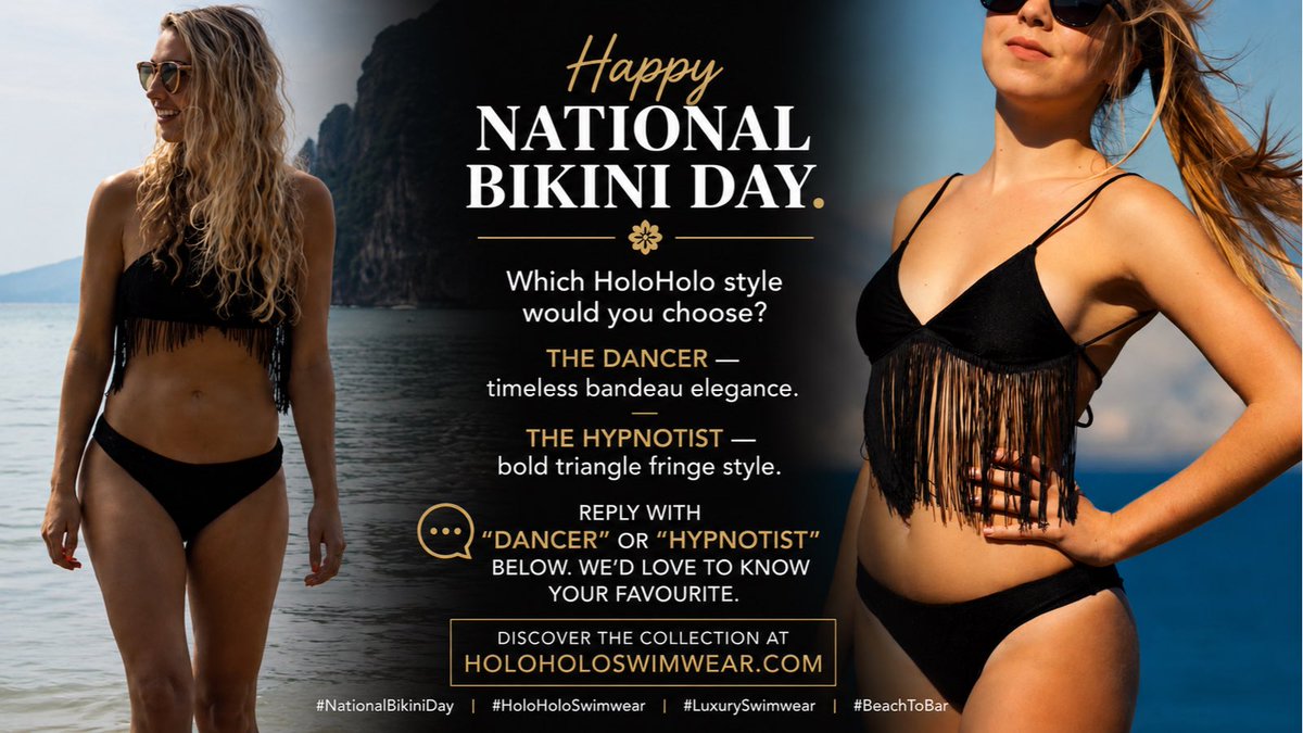HoloHoloSwim's tweet photo. Happy National Bikini Day. ☀️

Which HoloHolo style would you choose?

🖤 The Dancer — timeless bandeau elegance.

🖤 The Hypnotist — bold triangle fringe style.

Reply with “Dancer” or “Hypnotist” below. We’d love to know your favourite. https://t.co/fe3q9UJLca