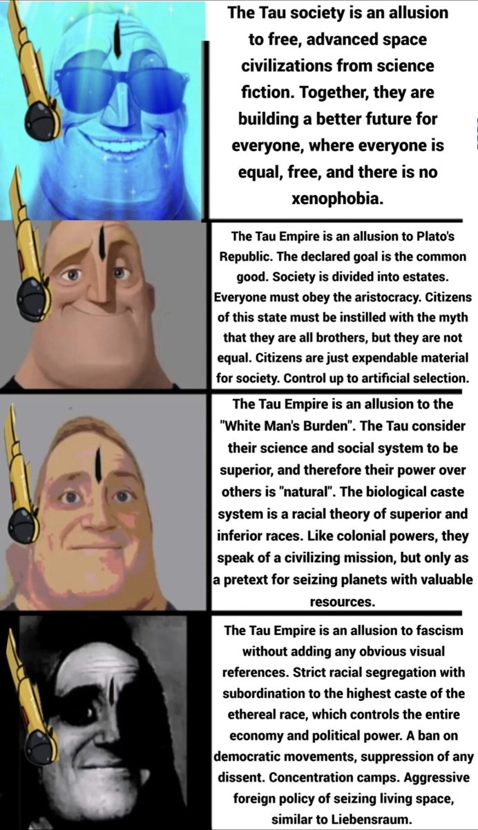 SharrowJtodd's tweet photo. So basically you
"Hi, I'm a Tau player and I don't read my own lore"

They literally discussed and implemented this and wholesale cullings because humans are outnumber and breed faster than the Tau. You're just as diabolical as everyone else, get over it. https://t.co/cWj7PbLrWi