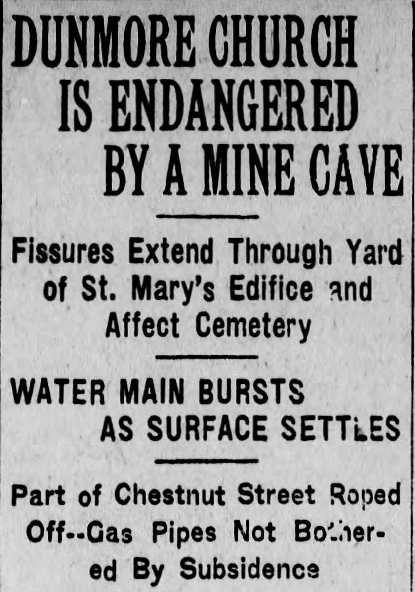 NEPA100Years's tweet photo. 🕳️Mine Cave Threatens St. Mary’s Church and Cemetery in Dunmore
🗞️ The Scranton Republican · July 5, 1926 · Page 5

St. Mary’s Church and cemetery in Dunmore were threatened Friday afternoon when a mine cave caused fissures to open in the earth through the church yard, cemetery and nearby streets.

The crevice through the church yard and cemetery was reported to be about three inches wide. The corners of the church library walls were broken, though no other damage to the church was immediately noticeable.

As the surface settled, a water main burst on Chestnut Street. Gas mains were not affected, but workmen from the Scranton Gas and Water Company quickly arrived and shut off the supply in case a break developed.

The fissures extended along Chestnut Street from Pine to Laurel, and from the church through the cemetery to Willow. Surface depressions were filled in, and one side of Chestnut Street was roped off for about 100 feet.

#NEPA #Dunmore #LackawannaCounty #CoalRegion #MineCave #StMarysChurch #1920s #OldNewspapers

🗞️ The Scranton Republican · July 5, 1926 · Page 5 - Scranton, Pennsylvania