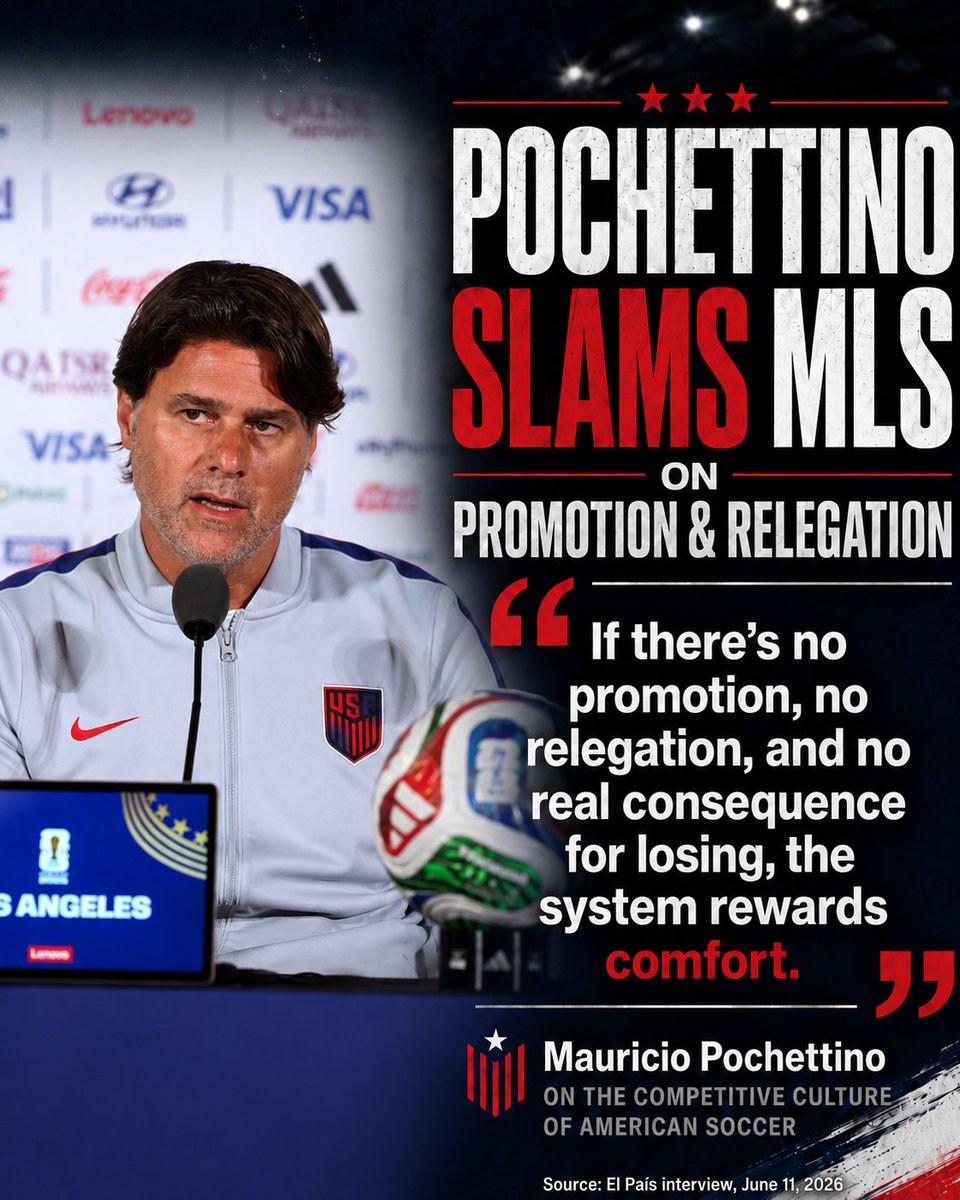 reformussoccer's tweet photo. Pochettino said the quiet part out loud:

“American sport rewards losers.”

No promotion.
No relegation.
No real consequence for finishing last.

That is not a competitive soccer culture. That is comfort protected by a closed cartel.

Open the pyramid.
#ProRelForUSA https://t.co/QWlCZiVzwn