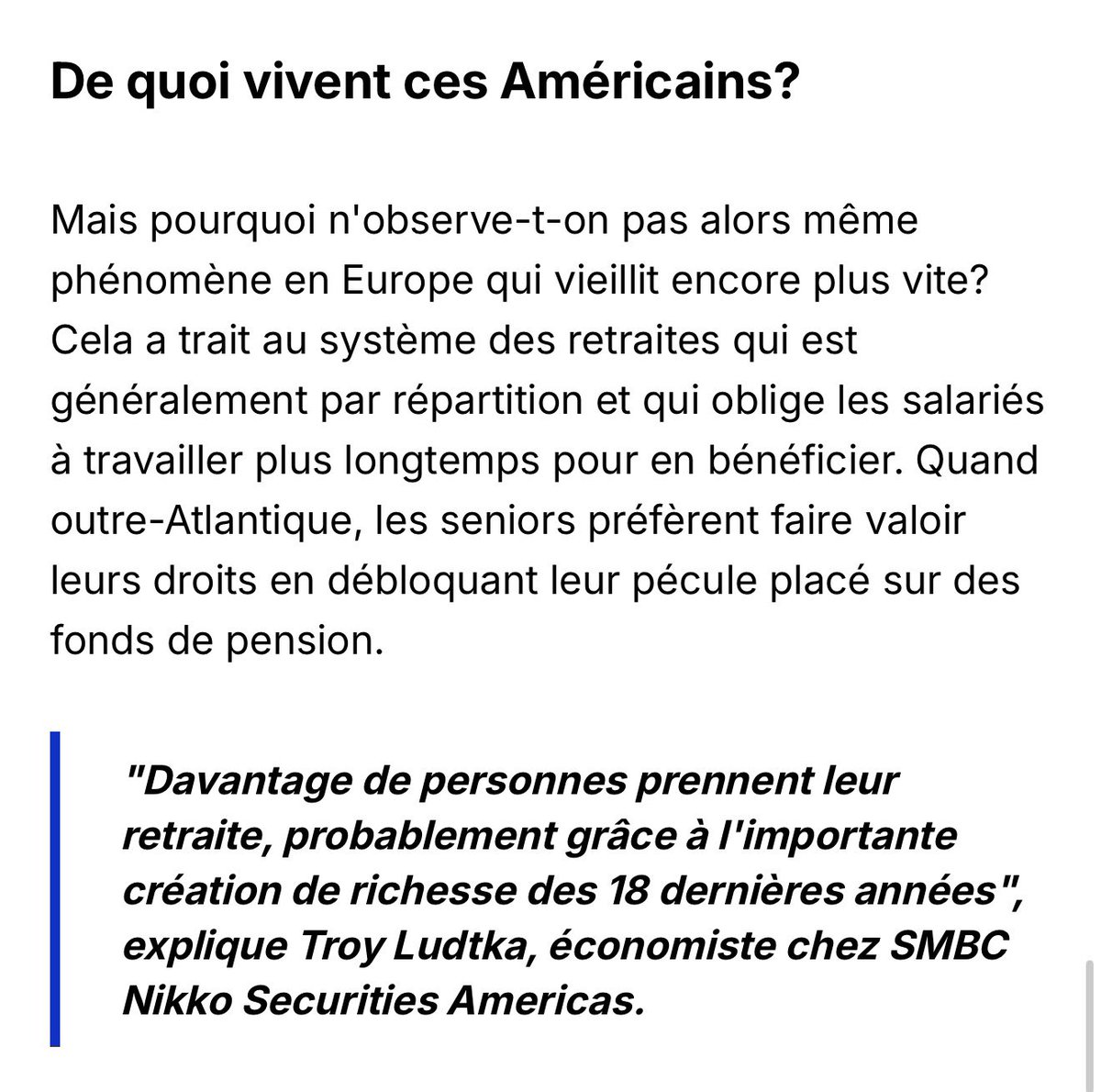 Divs_King's tweet photo. Les Américains quittent le marché du travail plus tôt, car ils profitent de leur retraite par capitalisation, investie via des fonds de pension.

Pendant que les Français vont devoir travailler jusqu’à 67 ans et plus avec notre système par répartition.

Mais quelle surprise… https://t.co/AiVgAqhVLV