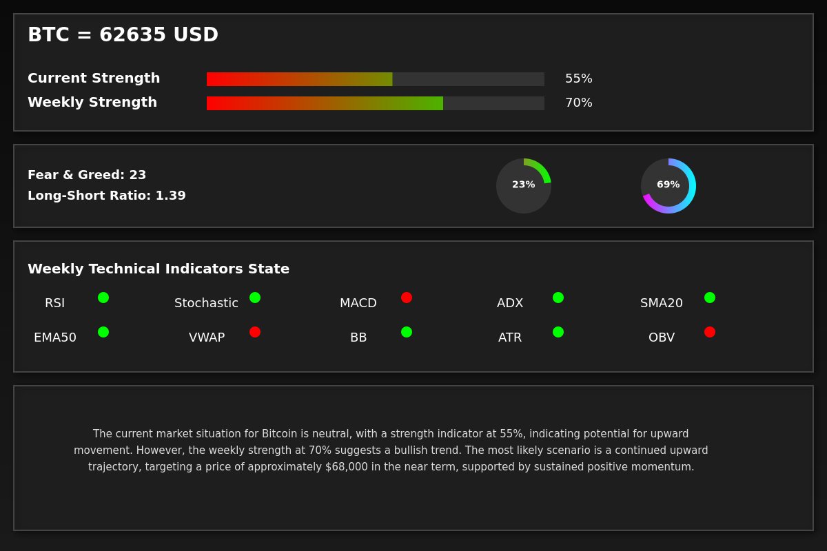 bitcoinbotnow's tweet photo. The current market situation for Bitcoin is neutral, with a strength indicator at 55%, indicating potential for upward movement. However, the weekly strength at 70% suggests a bullish trend. The most likely scenario is a continued upward trajectory, targeting a price of... https://t.co/McRPqsVZ8P