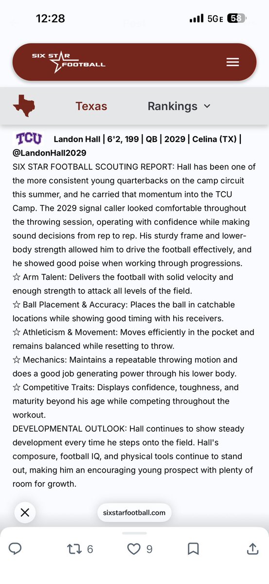 LandonHall2029's tweet photo. Thank you @sixstarfootball for the camp write up!

@RecruitCelinaFB @CoachCastles @CoachBindel @Coach_Grayson21 @QBHitList https://t.co/B10zpSJaqL