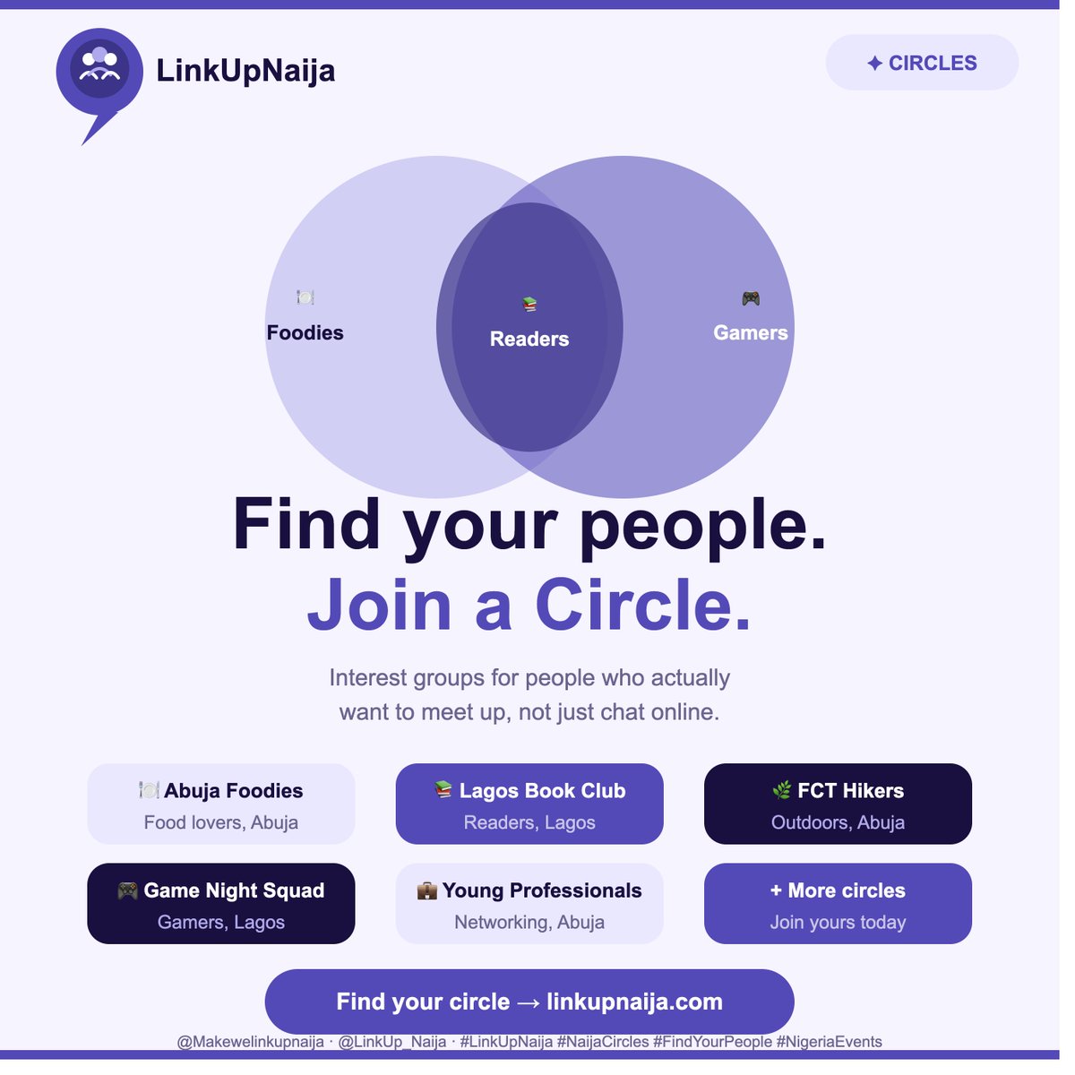 LinkUp_Naija's tweet photo. Weekend plans, sorted. Find events near you and connect with people who share your interests. LinkUpNaija Circles — interest groups for Nigerians who actually want to meet IRL.