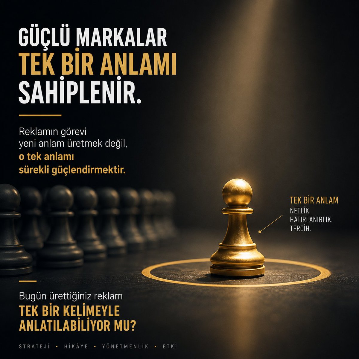 mrmrdbdrxn's tweet photo. Güçlü markalar onlarca özelliği anlatmaz.
İnsanların zihninde tek bir anlamı sahiplenir.
Reklamın görevi yeni anlam üretmek değil, o tek anlamı sürekli güçlendirmektir.
↓
Bugün ürettiğiniz reklam tek bir kelimeyle anlatılabiliyor mu? https://t.co/pZNrEqH2Dk