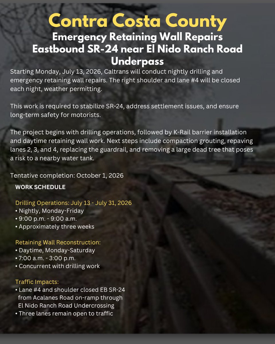 CaltransD4's tweet photo. 🚧 SR-24 (Lafayette) Night Work
Starting July 13 Mon–Sat | ⏰ 9PM–9AM
➡️ EB SR-24 lane #4 + shoulder CLOSED 📍 Acalanes Rd → El Nido Ranch Rd
🛠 Retaining wall repairs &amp; drilling ⚠️ Expect delays. 3 lanes remain open.
Plan ahead &amp; slow for crews. #BeWorkZoneAlert https://t.co/cWpofW5YQD