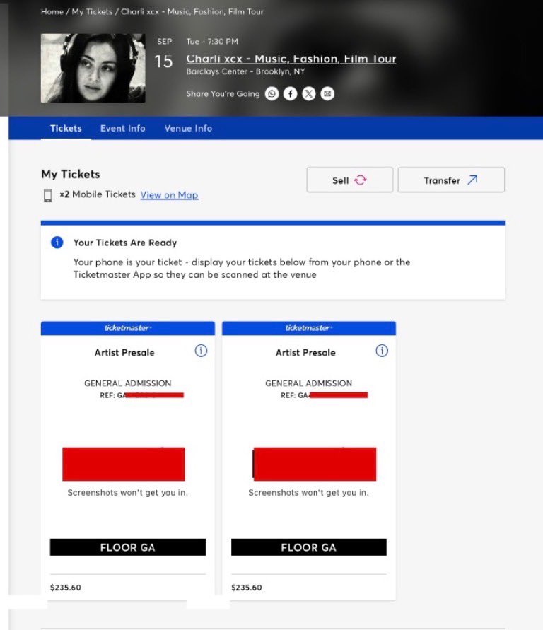 adoreyouIive's tweet photo. SELLING 2 (two) GA Floor tickets – Charli xcx Brooklyn NYC 9/15/2026, $380 EACH. Dm for more info! https://t.co/gq8FaDPxYh
