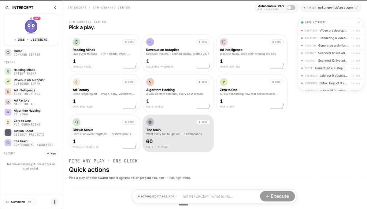 waynesutton's tweet photo. Meet the two winning apps for the best use of @convex prize from the YC AI Growth Hackathon last weekend.

First:  Intercept by Vidit @FounderUnder20 

Point INTERCEPT at any company, and a swarm of AI agents runs your entire go-to-market: buyers, outbound, ads, and more. https://t.co/LGDvqQAvMr