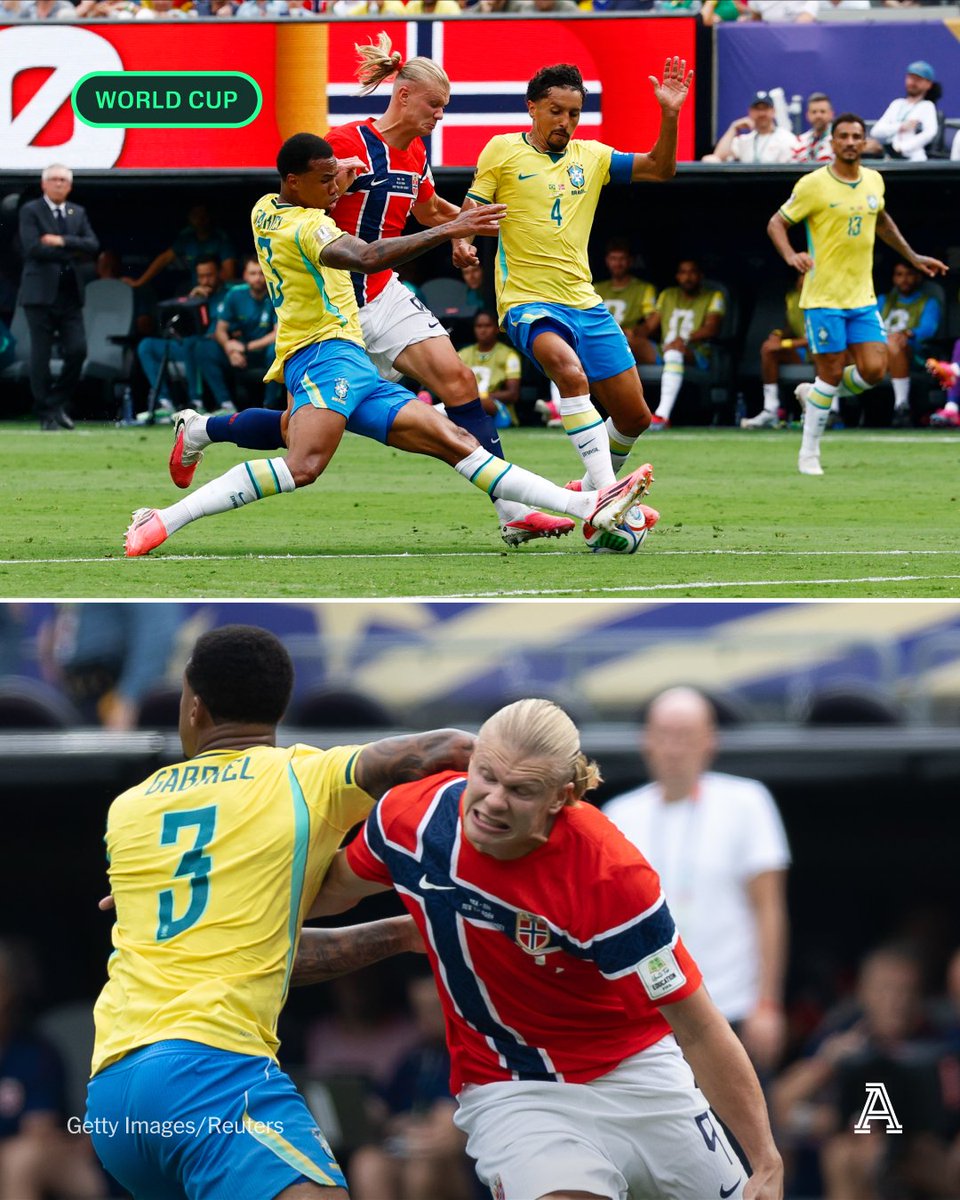 TheAthleticFC's tweet photo. Gabriel and Erling Haaland have renewed pleasantries from their Arsenal and Manchester City battles.

It remains to be seen who will come out on top as Brazil and Norway fight for a place in the last eight of the World Cup... https://t.co/Y18qTPpNDy