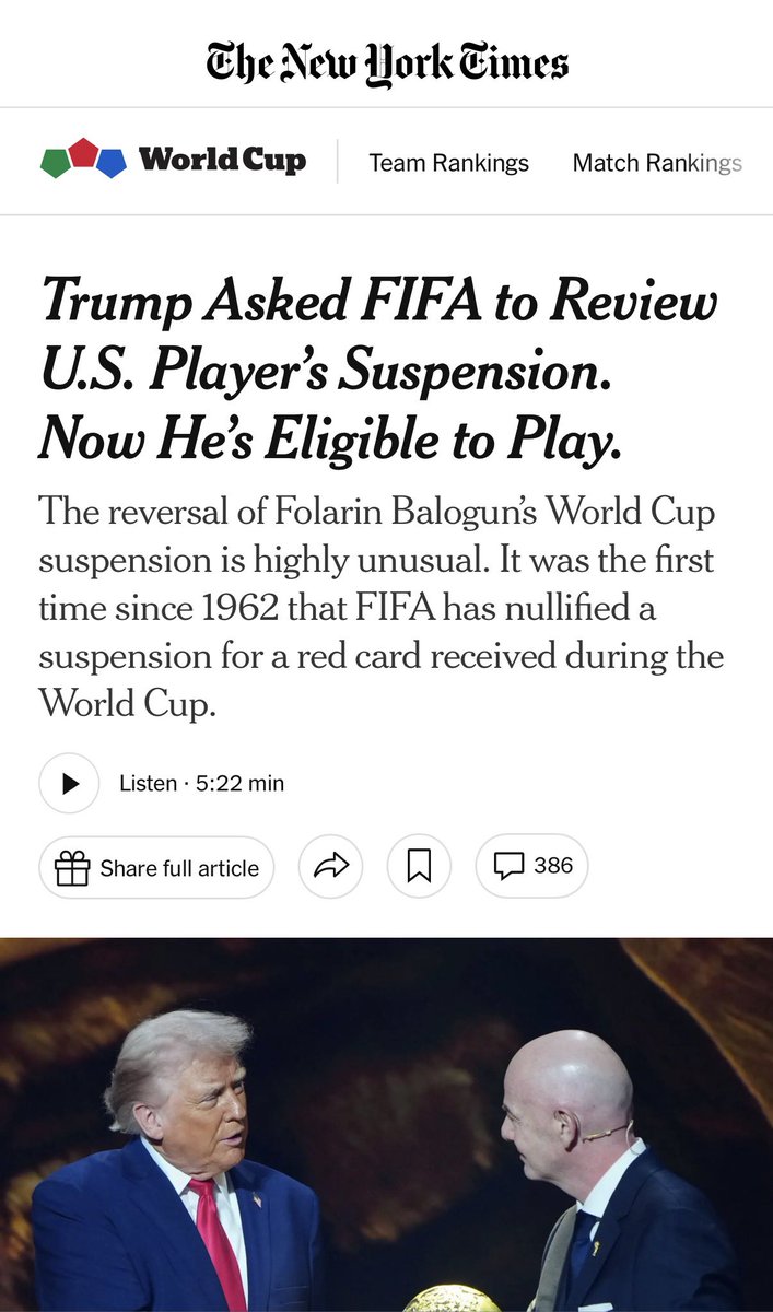 QuintenFrancois's tweet photo. New York Times claims Trump indeed did call Infantino to cancel Balogun’s ban.

USA is already destroying football - the first moment they have the opportunity to do so. Hydration breaks, all kinds or stupid new rules, now this. 

Incredible https://t.co/1ZSeG5Ba6r