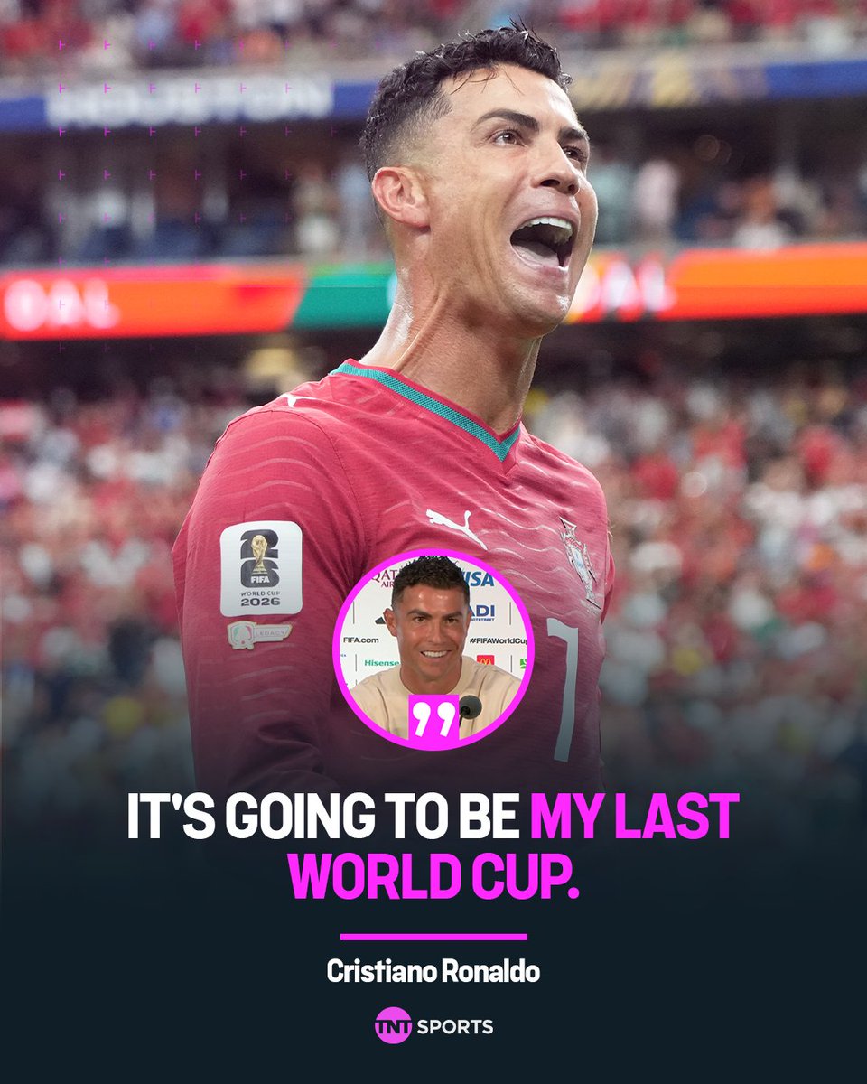 footballontnt's tweet photo. Cristiano Ronaldo confirms this will be his LAST World Cup 🏆

Portugal take on Spain this Monday 🔜 https://t.co/JrkNenNhyQ