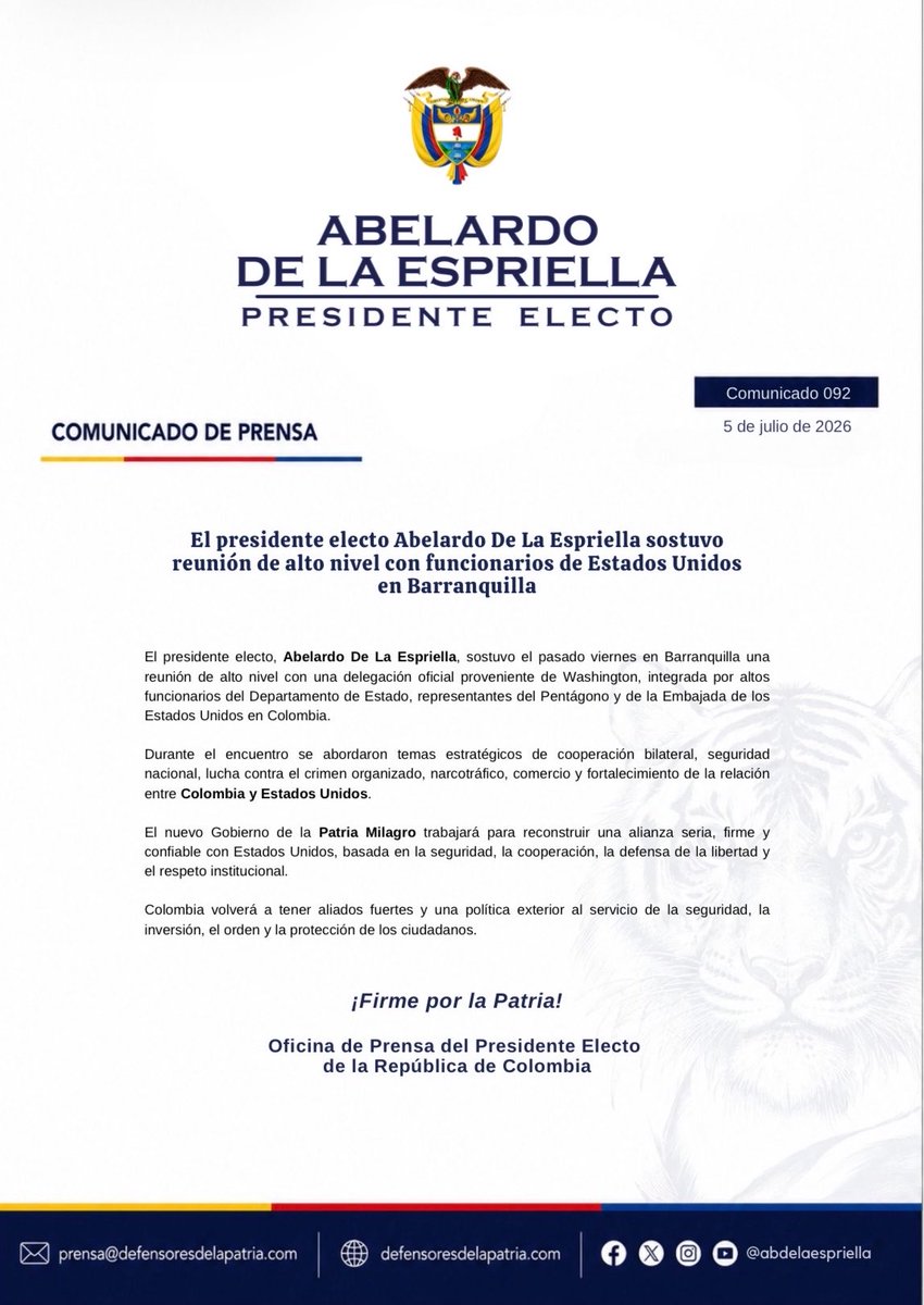 defensoresco's tweet photo. #ATENCIÓN | Una delegación oficial de alto nivel de Estados Unidos se reunió en Barranquilla con el presidente electo de Colombia, Abelardo De La Espriella (@ABDELAESPRIELLA), para avanzar en una agenda estratégica de cooperación bilateral.

Durante el encuentro se abordaron temas prioritarios como seguridad nacional, lucha contra el crimen organizado y el narcotráfico, comercio y fortalecimiento de la relación entre Colombia y Estados Unidos, bajo una alianza seria, firme y confiable.