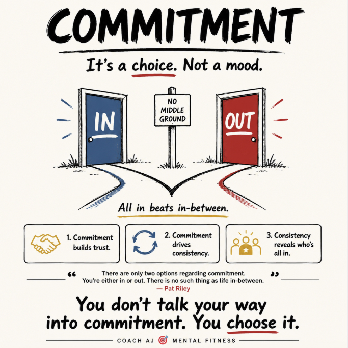 coachajkings's tweet photo. Pat Riley said, “There are only two options regarding commitment. You're either in or out. There is no such thing as life in-between.”

Commitment is a choice. Not a feeling or a mood.

Everyone talks about it, but most people have no idea what it really means to go all in. https://t.co/luNIEMUh28