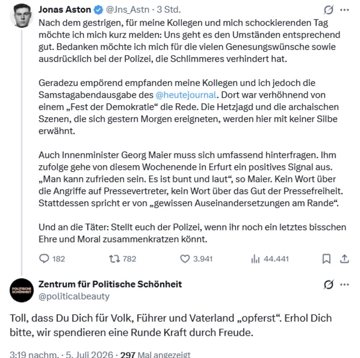 maxmannhart's tweet photo. Das Zentrum für politische Schönheit, das als Kooperationspartner erst jüngst an mehreren niedersächsischen Schulen über die AfD „aufklärte“, bepöbelt und verhöhnt unseren verletzten Kollegen Jonas Aston.

Erbärmlich. https://t.co/y4blB5u1RS
