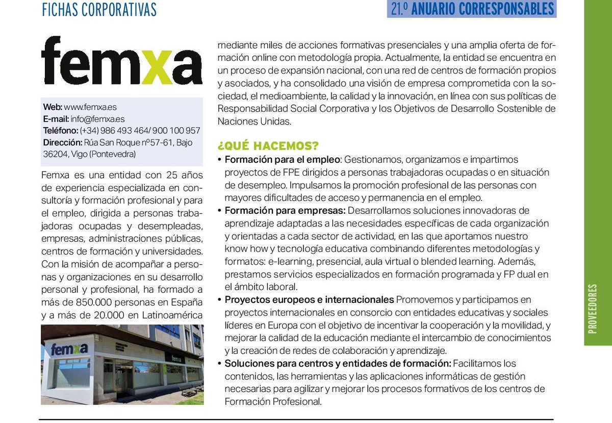 Corresponsables's tweet photo. 🎓 Descubre la Ficha de #Femxa en el #21AnuarioCorresponsables 👉 https://t.co/35jiR09Dcc
🌍 En esta ficha corporativa, Femxa se presenta como una entidad con 25 años de experiencia especializada en consultoría y formación profesional y para el empleo, dirigida a personas trabajadoras ocupadas y desempleadas, empresas, administraciones públicas, centros de formación y universidades.
📚 Con la misión de acompañar a personas y organizaciones en su desarrollo personal y profesional, Femxa destaca haber formado a más de 850.000 personas en España y a más de 20.000 en Latinoamérica.
🚀 La ficha subraya que la entidad impulsa este trabajo mediante miles de acciones formativas presenciales y una amplia oferta de formación online con metodología propia. Además, se encuentra en un proceso de expansión nacional, con una red de centros de formación propios y asociados, y con una visión empresarial comprometida con la sociedad, el medioambiente, la calidad y la innovación, en línea con sus políticas de Responsabilidad Social Corporativa y los Objetivos de Desarrollo Sostenible de Naciones Unidas.
🧩 Entre sus principales áreas de actividad, Femxa destaca la formación para el empleo, gestionando, organizando e impartiendo proyectos de Formación Profesional para el Empleo dirigidos a personas trabajadoras ocupadas o en situación de desempleo, con especial atención a quienes afrontan mayores dificultades de acceso y permanencia en el mercado laboral.
💼 También desarrolla formación para empresas, con soluciones innovadoras de aprendizaje adaptadas a las necesidades específicas de cada organización y sector de actividad. Para ello combina know how, tecnología educativa y distintas metodologías y formatos, como e-learning, presencial, aula virtual o blended learning, además de servicios especializados en formación programada y FP dual en el ámbito laboral.
🌐 La ficha recoge igualmente su participación en proyectos europeos e internacionales, promoviendo la cooperación y la movilidad junto a entidades educativas y sociales líderes en Europa, con el objetivo de mejorar la calidad de la educación a través del intercambio de conocimientos y la creación de redes de colaboración y aprendizaje.
🏫 Otro de sus ámbitos de actuación son las soluciones para centros y entidades de formación, facilitando contenidos, herramientas y aplicaciones informáticas de gestión para agilizar y mejorar los procesos formativos de los centros de Formación Profesional.
🌱 En conjunto, la ficha refleja a Femxa como una organización centrada en la formación, la empleabilidad y la innovación educativa, con una propuesta orientada a generar oportunidades y acompañar el desarrollo profesional de personas y organizaciones.
#Corresponsables #21AnuarioCorresponsables #Sostenibilidad #ESG #Femxa #Formación #Empleabilidad #InnovaciónEducativa