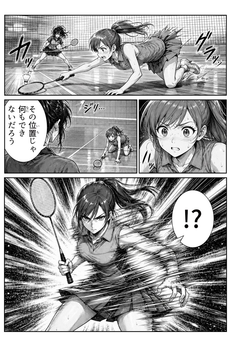 minton_ulis's tweet photo. バドミントン漫画を作ってみました。
ネット際で体勢を崩したみんとが、上半身のねじりだけで放つ超至近距離プッシュ。その名も、プッシュ零式。
「その位置じゃ何もできない」と思った相手の予想を、力技でひっくり返す回です。
#バドミントン #漫画 #牙突
https://t.co/BmgZd9KAkc https://t.co/a7EamY5Tn6