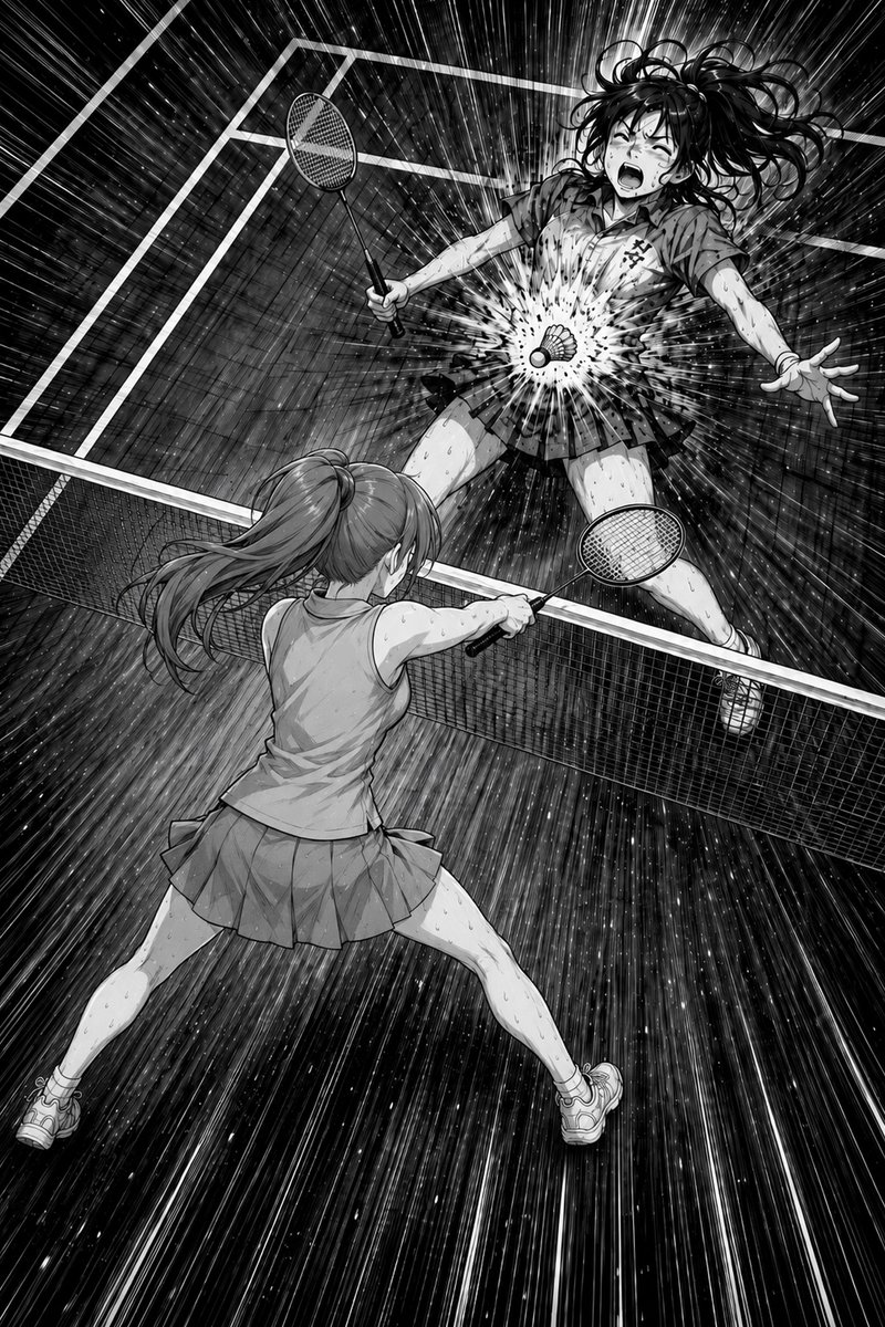 minton_ulis's tweet photo. バドミントン漫画を作ってみました。
ネット際で体勢を崩したみんとが、上半身のねじりだけで放つ超至近距離プッシュ。その名も、プッシュ零式。
「その位置じゃ何もできない」と思った相手の予想を、力技でひっくり返す回です。
#バドミントン #漫画 #牙突
https://t.co/BmgZd9KAkc https://t.co/a7EamY5Tn6