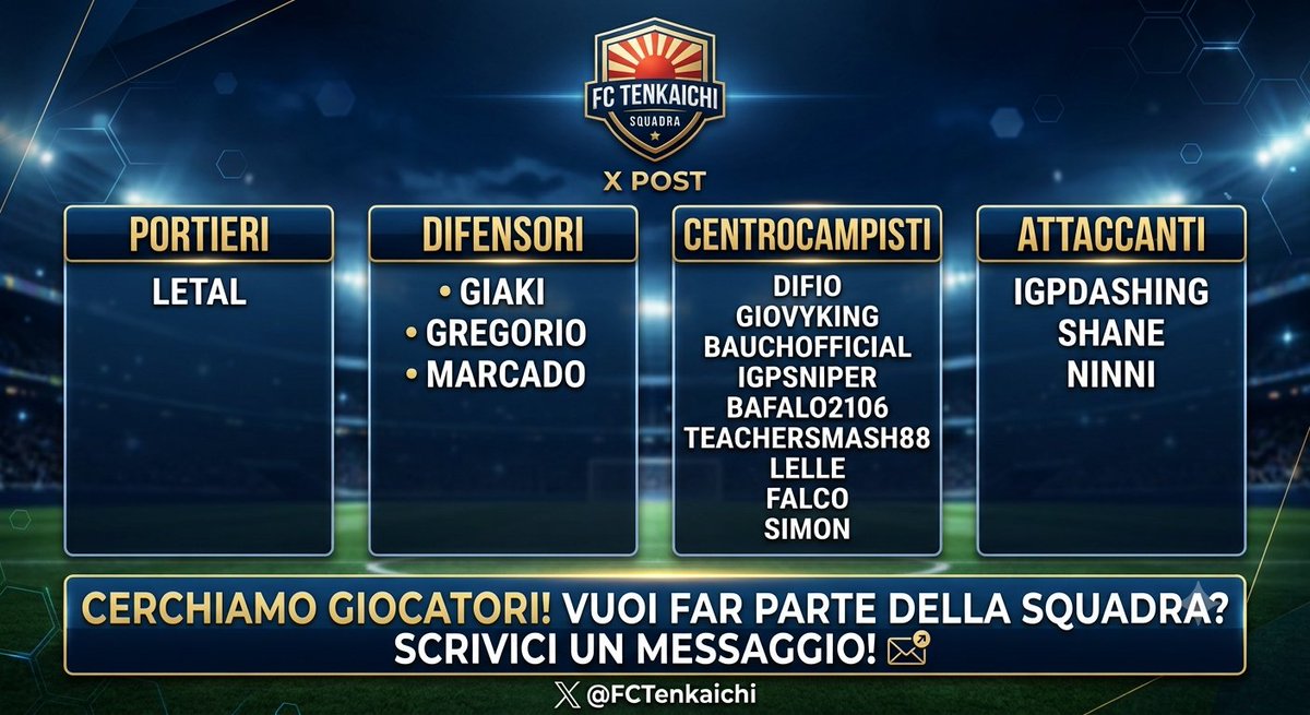 FcTenkaichi's tweet photo. 🔥 L'FC TENKAICHI APRE LE SELEZIONI! 🔥

Non cerchiamo comparse, cerchiamo protagonisti. Il progetto FC Tenkaichi punta in alto e stiamo chiudendo il roster per la prossima stagione competitiva. ⚽️🎮
#ProClub #EAFC26 #ProClubs #LND #ELUDO #VPA #VPG #VPL #FIFACLUBS #Recruiting https://t.co/LdxmZlYkPj
