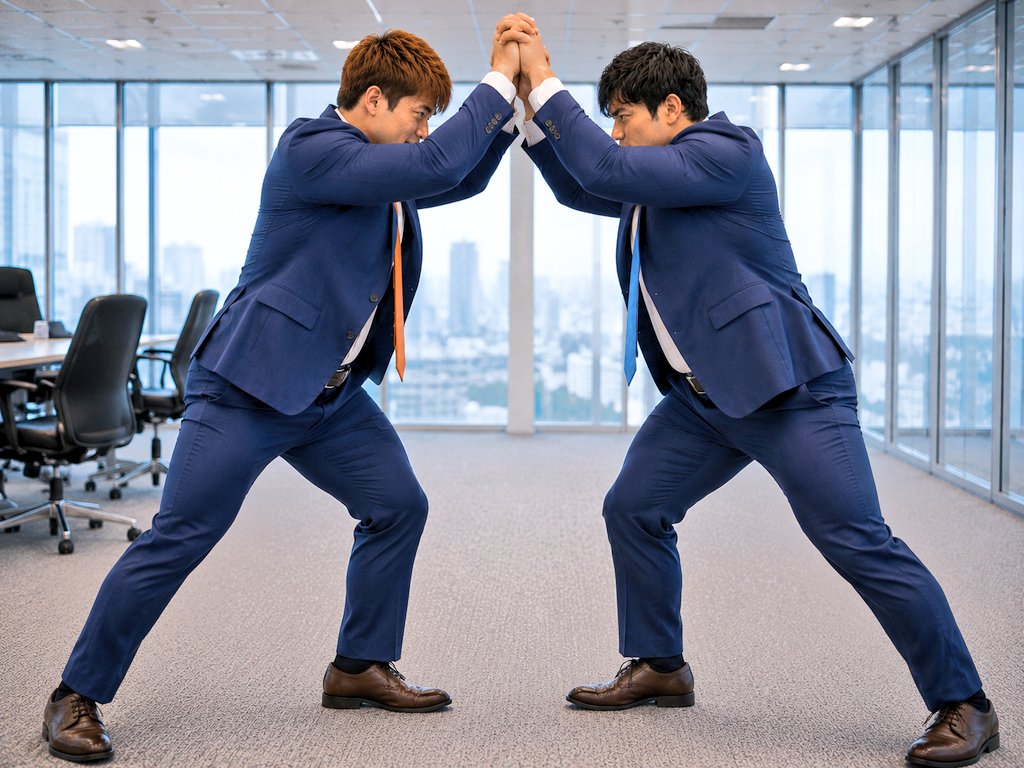 wrestlebulgfan's tweet photo. オフィスでスーツ姿の二人が、真っ向から力比べ。譲れない意地を懸けた勝負。
Two men in suits begin a test of strength in the office.The battle starts.
#AIart #AIイラスト #スーツ #SuitStyle #SuitMen #Wrestling #ProWrestling #Office #MuscularMen https://t.co/G1vO0ZNf1i