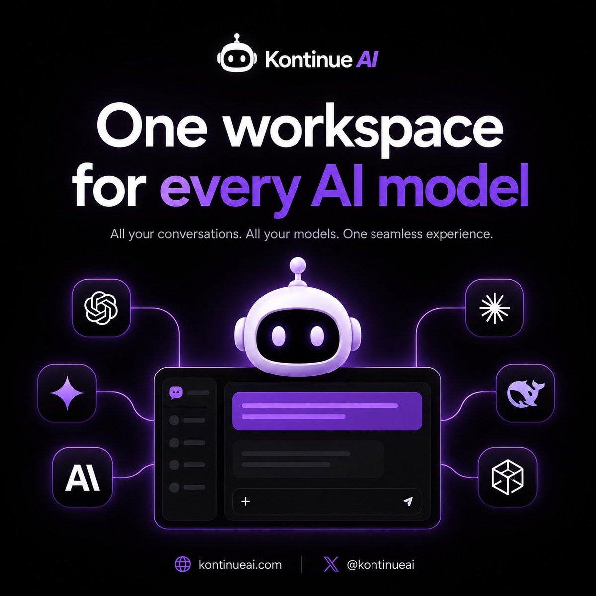 DamolaAderibig1's tweet photo. Stop starting over every time you switch AI tools.

Kontinue AI brings your conversations, models, and creative workflow into one clean workspace.

One workspace. Every AI model.
Built for people who use AI seriously.

Start free: https://t.co/P4LTSYCJaS

#KontinueAI #AITools #AIWorkspace #Productivity #ArtificialIntelligence