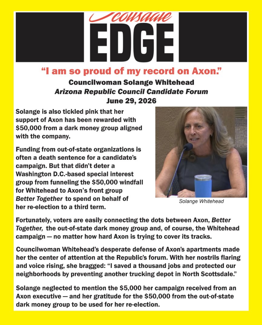 ScottsdaleVoter's tweet photo. Scottsdale EDGE: Whitehead Rewarded for Her Support of Axon