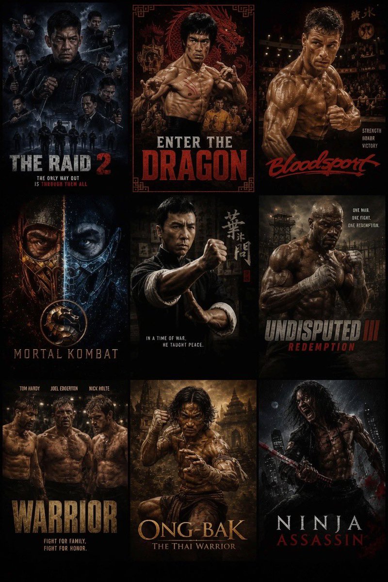jokotagbaposi's tweet photo. 🖼️ 9 MARTIAL ARTS MOVIES YOU MUST WATCH 🥋🔥

If you love bone-crushing fights, martial arts legends, underground tournaments, revenge stories, and breathtaking hand-to-hand combat, this watchlist is a must! 🍿

---

🎬 1. The Raid 2 (2014)

⭐ IMDb: 7.9/10 🎭 Genre: Action, Crime, Martial Arts 📺 OTT: Netflix 🎭 Cast: Iko Uwais, Arifin Putra, Yayan Ruhian 🎬 Director: Gareth Evans 📖 Story: An undercover cop infiltrates Jakarta's most dangerous crime syndicate in a brutal fight for survival.

🎬 2. Enter the Dragon (1973)

⭐ IMDb: 7.6/10 🎭 Genre: Martial Arts, Action 📺 OTT: Max 🎭 Cast: Bruce Lee, John Saxon, Jim Kelly 🎬 Director: Robert Clouse 📖 Story: A martial arts master enters a deadly island tournament to expose a ruthless crime lord.

🎬 3. Bloodsport (1988)

⭐ IMDb: 6.8/10 🎭 Genre: Action, Martial Arts 📺 OTT: Prime Video 🎭 Cast: Jean-Claude Van Damme, Bolo Yeung, Donald Gibb 🎬 Director: Newt Arnold 📖 Story: An American fighter competes in the legendary underground Kumite tournament.

🎬 4. Mortal Kombat (2021)

⭐ IMDb: 6.0/10 🎭 Genre: Action, Fantasy, Martial Arts 📺 OTT: Max 🎭 Cast: Lewis Tan, Jessica McNamee, Joe Taslim 🎬 Director: Simon McQuoid 📖 Story: Earthrealm's greatest fighters prepare for a brutal tournament to save humanity.

🎬 5. Ip Man (2008)

⭐ IMDb: 8.0/10 🎭 Genre: Biography, Action, Martial Arts 📺 OTT: Prime Video 🎭 Cast: Donnie Yen, Simon Yam, Lynn Hung 🎬 Director: Wilson Yip 📖 Story: Wing Chun grandmaster Ip Man defends his people during the Japanese occupation of China.

🎬 6. Undisputed III: Redemption (2010)

⭐ IMDb: 7.3/10 🎭 Genre: Action, Martial Arts 📺 OTT: Prime Video 🎭 Cast: Scott Adkins, Mykel Shannon Jenkins, Mark Ivanir 🎬 Director: Isaac Florentine 📖 Story: Yuri Boyka fights for redemption in a brutal international prison tournament.

🎬 7. Warrior (2011)

⭐ IMDb: 8.1/10 🎭 Genre: Sports, Drama, Action 📺 OTT: Prime Video 🎭 Cast: Tom Hardy, Joel Edgerton, Nick Nolte 🎬 Director: Gavin O'Connor 📖 Story: Two estranged brothers face each other in a life-changing MMA tournament.

🎬 8. Ong-Bak: The Thai Warrior (2003)

⭐ IMDb: 7.1/10 🎭 Genre: Martial Arts, Action 📺 OTT: Netflix 🎭 Cast: Tony Jaa, Petchtai Wongkamlao, Pumwaree Yodkamol 🎬 Director: Prachya Pinkaew 📖 Story: A young Muay Thai warrior battles criminals to recover his village's sacred Buddha statue.

🎬 9. Ninja Assassin (2009)

⭐ IMDb: 6.3/10 🎭 Genre: Action, Martial Arts, Thriller 📺 OTT: Prime Video 🎭 Cast: Rain, Naomie Harris, Ben Miles 🎬 Director: James McTeigue 📖 Story: A deadly ninja turns against the clan that raised him in a bloody quest for revenge.

━━━━━━━━━━━━━━

🔥 TOP 5 MUST-WATCH

🥇 Warrior — ⭐ 8.1/10
🥈 Ip Man — ⭐ 8.0/10
🥉 The Raid 2 — ⭐ 7.9/10
🏅 Enter the Dragon — ⭐ 7.6/10
🏅 Undisputed III: Redemption — ⭐ 7.3/10

🥋 Martial Arts • Action • MMA • Revenge • Tournament • Survival

💬 Who is the greatest martial arts fighter of all time? Bruce Lee, Donnie Yen, Tony Jaa, Scott Adkins, or Iko Uwais?