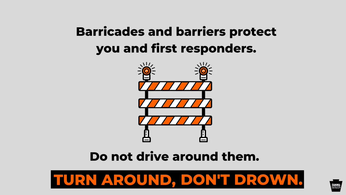 
Barricades and barriers protect you and first responders. Do not drive around them. Turn around, don't drown.
