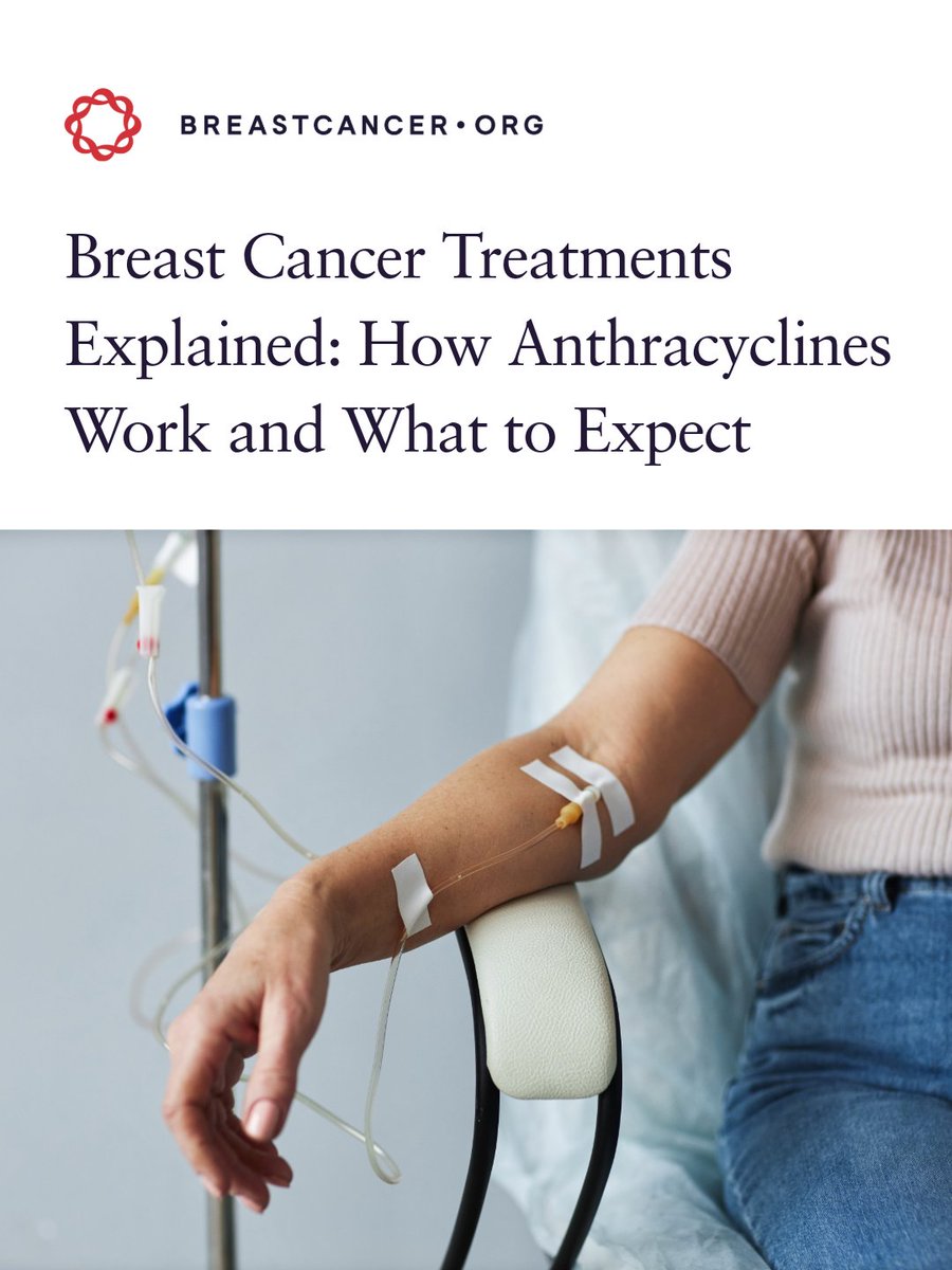 Breastcancerorg's tweet photo. Anthracyclines are a type of adjuvant chemotherapy used to treat some breast cancers. These anti-tumor antibiotics work by stopping cancer cells from replicating or growing. 

If you’ve been diagnosed with early-stage, HER2-negative breast cancer or metastatic breast cancer, your doctor may recommend an anthracycline as part of your treatment plan.

Here’s what to know about how anthracyclines work and what to expect: https://t.co/wfRzfSazrv

#BreastCancer #BreastCancerTreatment #Chemotherapy #BreastCancerWarriors