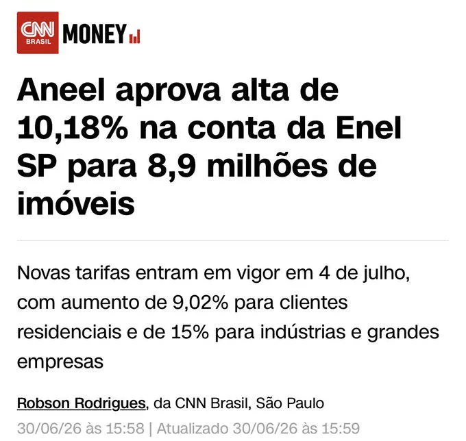 SensoCrtico1's tweet photo. Os consumidores brasileiros deverão enfrentar um aumento médio de 8,6% na conta de luz em 2026, de acordo com a segunda edição do boletim InfoTarifas divulgada pela ANEEL (Agência Nacional de Energia Elétrica ).

A projeção supera com folga as estimativas de inflação para o período, calculadas em 5,8% pelo IGP-M e em 4,9% pelo IPCA, e reflete a combinação de pressões estruturais sobre o setor com ajustes específicos observados ao longo dos últimos meses.

Embora o percentual represente uma desaceleração em relação a cenários mais pessimistas discutidos anteriormente, o resultado reforça a tendência de manutenção da trajetória de alta das contas de luz. Ao mesmo tempo, o boletim mostra que mecanismos extraordinários de modicidade tarifária vêm evitando reajustes ainda maiores.

Entre eles está a utilização de recursos provenientes da repactuação das obrigações de pagamento pelo UBP (Uso do Bem Público), destinados a reduzir tarifas em áreas abrangidas pelas superintendências de desenvolvimento da Sudam e da Sudene. Segundo a Agência, consumidores cativos atendidos por 22 distribuidoras serão beneficiados por esses descontos.

O boletim da ANEEL mostra que a composição dos reajustes continua sendo fortemente influenciada por componentes sobre os quais as distribuidoras possuem pouca ou nenhuma ingerência direta, como encargos setoriais, custos de compra de energia, transmissão e ajustes financeiros acumulados em ciclos anteriores.

Fonte: https://t.co/Aur03vir7X