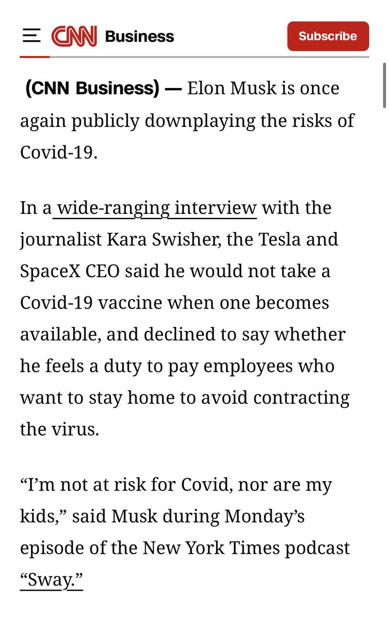 KendallSals's tweet photo. 💸#Trillionaires … they’re just like us! 💸
Who knew #ElonMusk was this #based,
criticizing the #Scamdemic since satanic conception. Savagely, per 2020 #CNN:
CNN Business — Elon Musk is once again publicly downplaying the risks of Covid-19. In a wide-ranging interview with the journalist Kara Swisher, the Tesla and SpaceX CEO said he would not take a Covid-19 vaccine when one becomes available.
“I’m not at risk for Covid, nor are my kids,” said Musk. When Swisher confronted Musk with the possibility that people would still die in the process, he replied bluntly: “Everybody dies.”
“The question is what, on balance, serves the greater good,” Musk continued, adding that the lockdowns did not accomplish that and the pandemic is a “no-win situation.”
Musk, the third-richest person in the world according to the Bloomberg Billionaires Index, tweeted in April that nationwide stay-at-home orders amounted to “de facto house arrest.”
When Swisher pressed, Musk grew defensive, threatening to end the interview. “Let’s just move on…Kara, I do not want to get into a debate about Covid. If you want to end the podcast now, we can do it.”
Musk also took aim at fellow billionaire Bill Gates, who in late July told journalist Andrew Ross Sorkin that Musk ought to stick to what he knows best.
It’s not the first time Musk has criticized the Microsoft co-founder.
When Gates blogged his doubts earlier this month on the potential for long-haul electric vehicles, Musk tweeted that Gates “has no clue.”
🤣🔥 @elonmusk