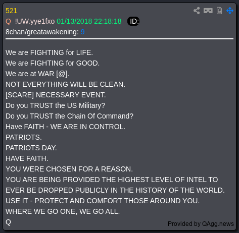7thDean's tweet photo. 🚨[SCARE] EVENT incoming....👀⚠️🚨

President Trump's Truth is a video of Mike Tyson "FIGHTING" Henry Tillman and has a timestamp of 5:21 PM EST

"FIGHTING" huh....👀

Q 521
We are FIGHTING for LIFE.👈🥊
We are FIGHTING for GOOD.👈🕊️
We are at WAR [@].👈🪖💀
NOT EVERYTHING WILL BE CLEAN.👈
[SCARE] NECESSARY EVENT.👈⚠️
Do you TRUST the US Military?
Do you TRUST the Chain Of Command?
Have FAITH - WE ARE IN CONTROL.
PATRIOTS.
PATRIOTS DAY.
HAVE FAITH. 
YOU WERE CHOSEN FOR A REASON.
YOU ARE BEING PROVIDED THE HIGHEST LEVEL OF INTEL TO EVER BE DROPPED PUBLICLY IN THE HISTORY OF THE WORLD.
USE IT - PROTECT AND COMFORT THOSE AROUND YOU.
WHERE WE GO ONE, WE GO ALL.👈🫡🔥
Q

President Trump is tellng us plain and simple, We are FIGHTING for LIFE. We are FIGHTING for GOOD. We are at WAR [@]. NOT EVERYTHING WILL BE CLEAN. [SCARE] NECESSARY EVENT. WHERE WE GO ONE, WE GO ALL.👊🇺🇸🐸