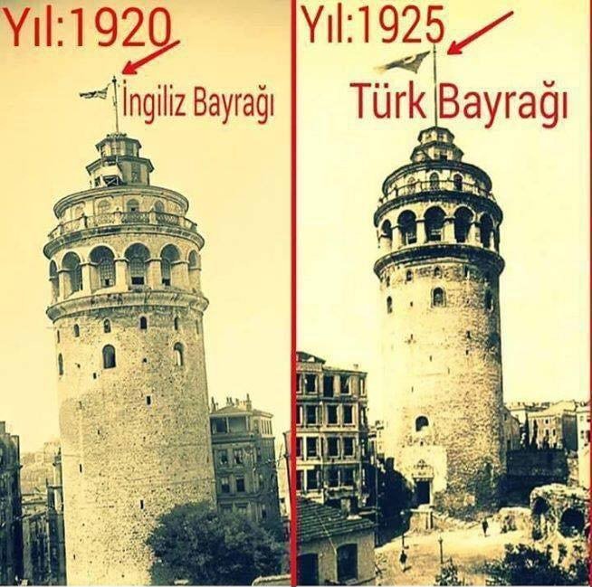 _erdeem_'s tweet photo. Kurtuluş Savaşı yoksa 1920 de Galata Kulesi'nde İngiliz işgal bayrağının ne işi var? AKP'nin Atatürk karşıtlığı çığrından çıktı. https://t.co/CbWvkvbEa6