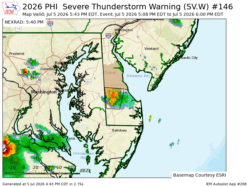 WCCH2024's tweet photo. PHI updates Severe Thunderstorm Warning [wind: 60 MPH (RADAR INDICATED), hail: 0.75 IN (RADAR INDICATED)] (cancels Sussex [DE], continues Kent [DE]) till 6:00 PM EDT https://t.co/xPdLdJqjE5 https://t.co/NlMekz1KDY
