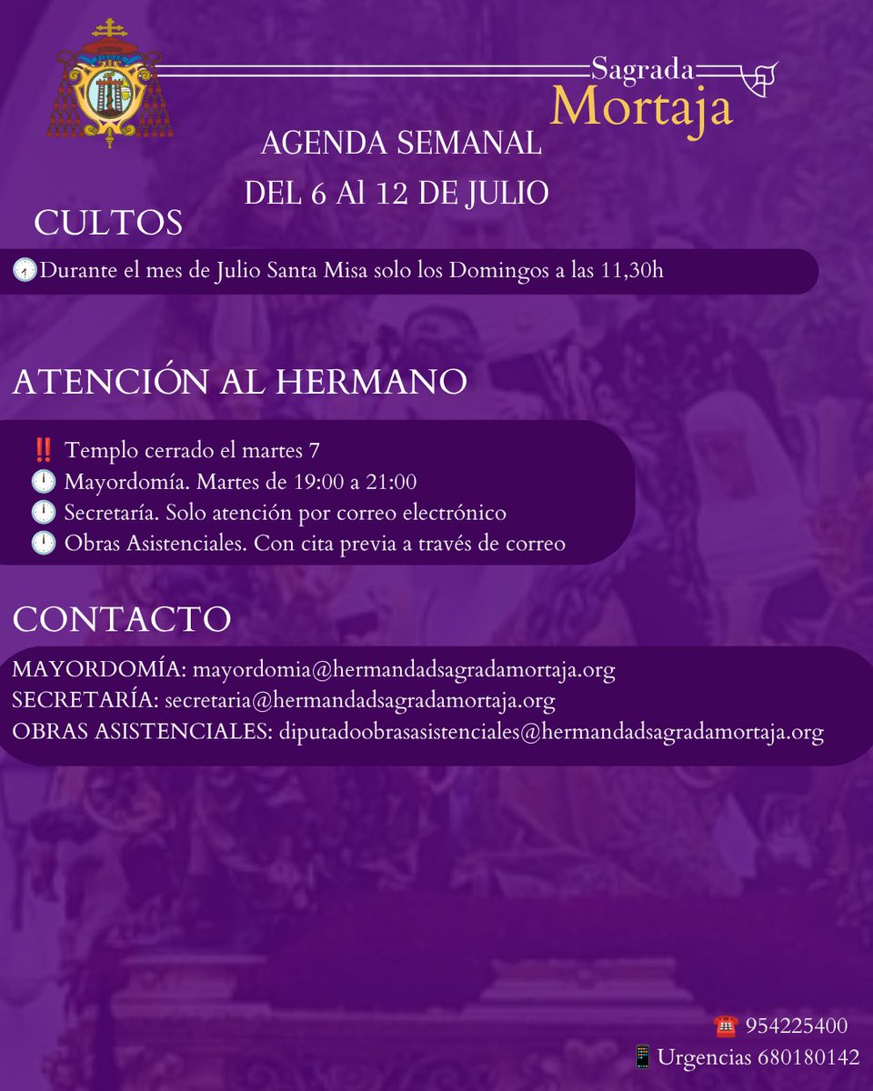 SgdaMortaja's tweet photo. 📅 Ya está disponible la agenda semanal de la Hermandad de la Sagrada Mortaja: cultos, horarios y actividades.
👉 Consúltala en la imagen y síguenos en nuestro nuevo canal de WhatsApp para no perderte nada.

#SagradaMortaja #Sevilla https://t.co/1HrgdbpVG5